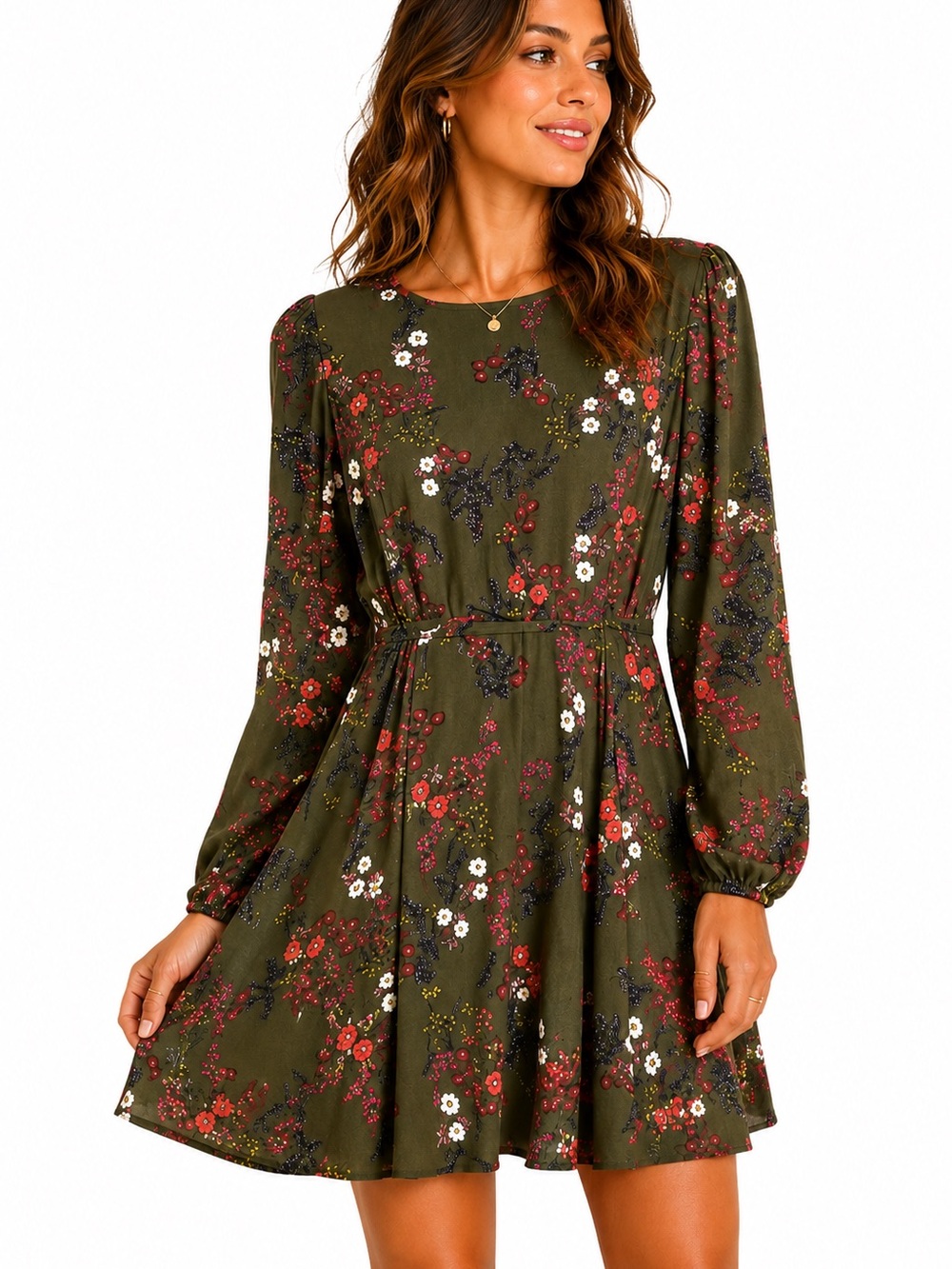 love, Fire Olive green floral midi dress,‎ size L